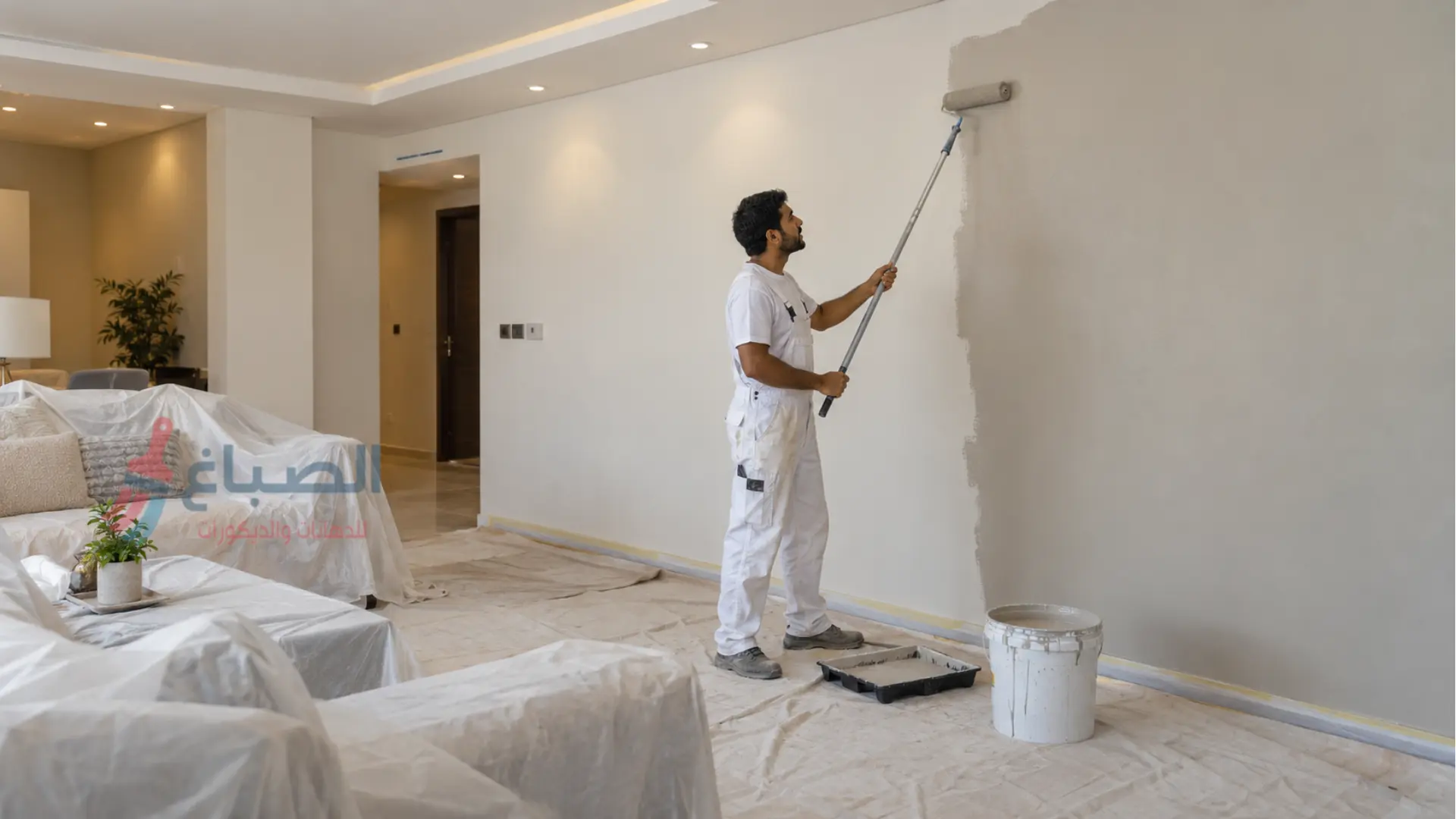 صباغ دهانات داخلية بالكويت - تجديد دهانات منازل - معلم دهانات داخليه 2 صباغ دهانات داخليه محترف بالكويت يقوم بدهان الطوفه داخل منزل العميل